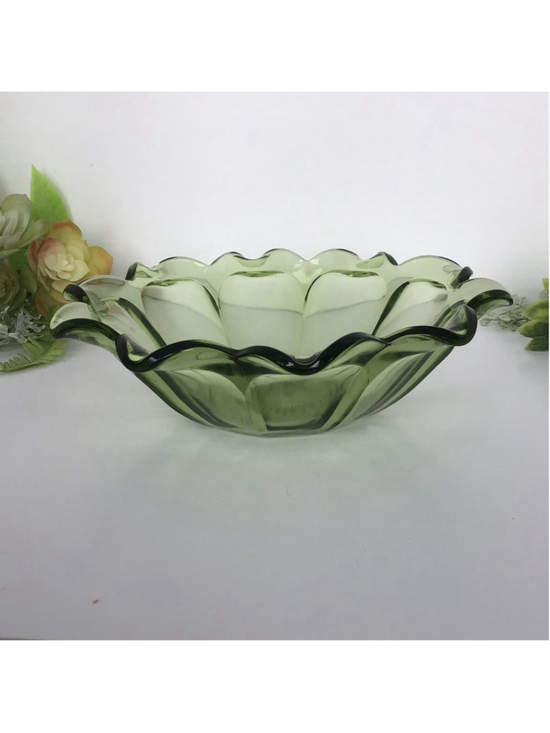 Other - Vintage Scalloped Serving Glass Bowl in Olive